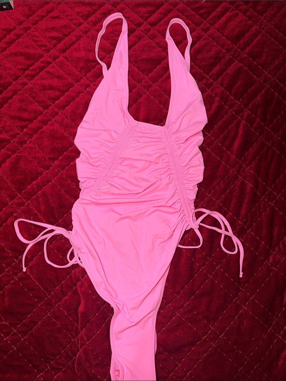 BRAND NEW Fashion Nova Pink Ruched One-Piece Swimsuit with Side Ties